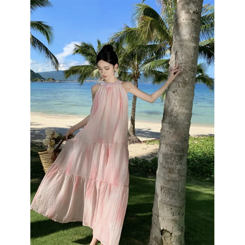 Zingj Zingj French Salt Sweet Tie Belt Hanging Neck Sleeveless Loose Long A Word Pink Tie-Dye Vest Temperament Dress