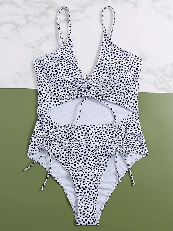 Polka-Dot Printed Bandage Hollow One-Piece Swimwear 