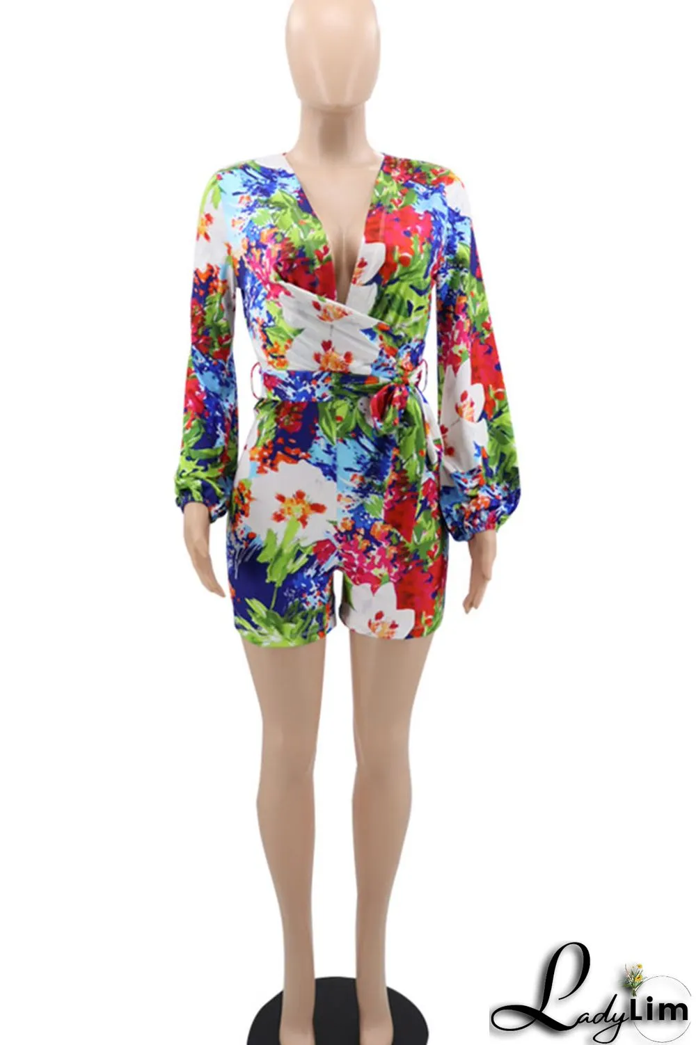 Green Simplicity Print Split Joint V Neck Straight Jumpsuits
