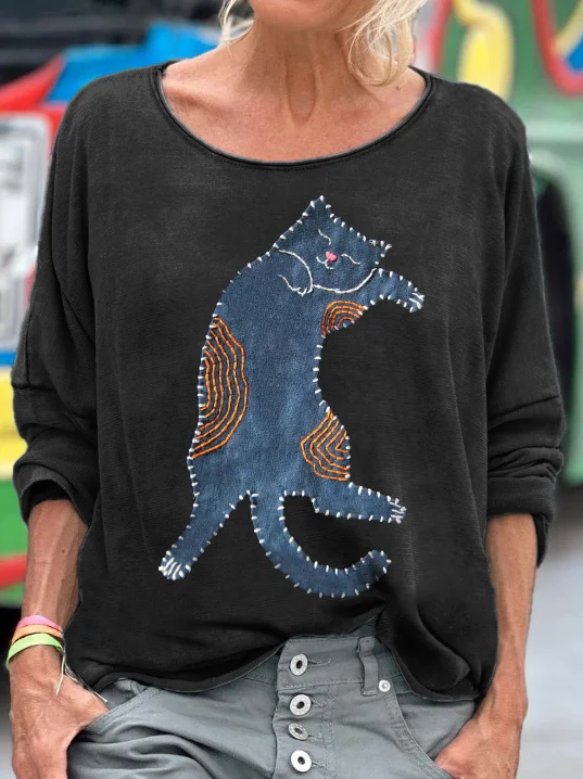 Women's Cute Cat Patchwork Art Long Sleeve T-shirt