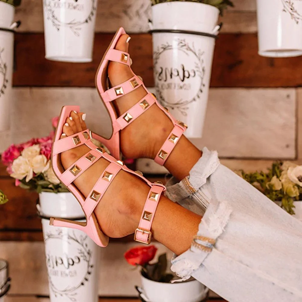 Pink Vegan Leather Mid Heels Open Toe Sandals With Square Studs Nicepairs