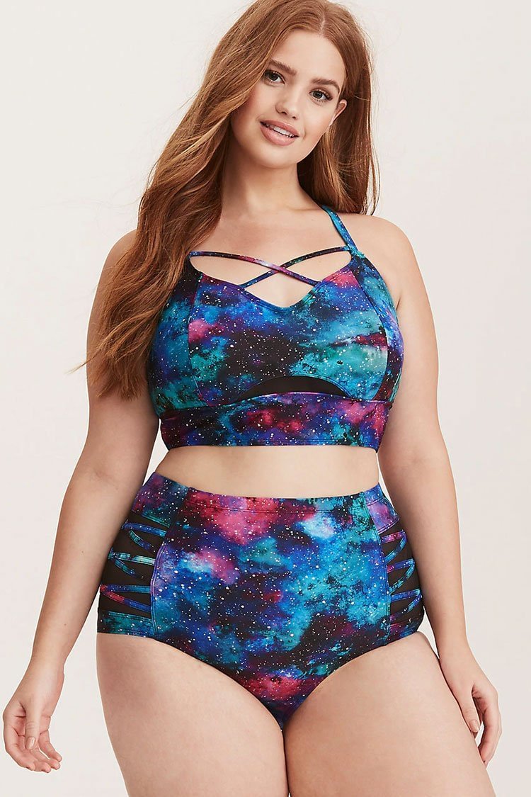 Plus Size Galaxy Crisscross Strappy High Waisted Bikini Swimsuit - Two Piece Set-elleschic