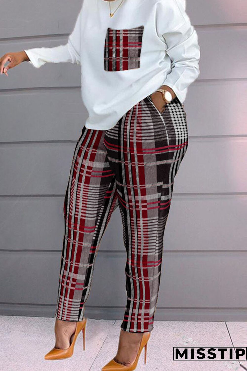 Burgundy Fashion Casual Print Patchwork O Neck Long Sleeve Two Pieces