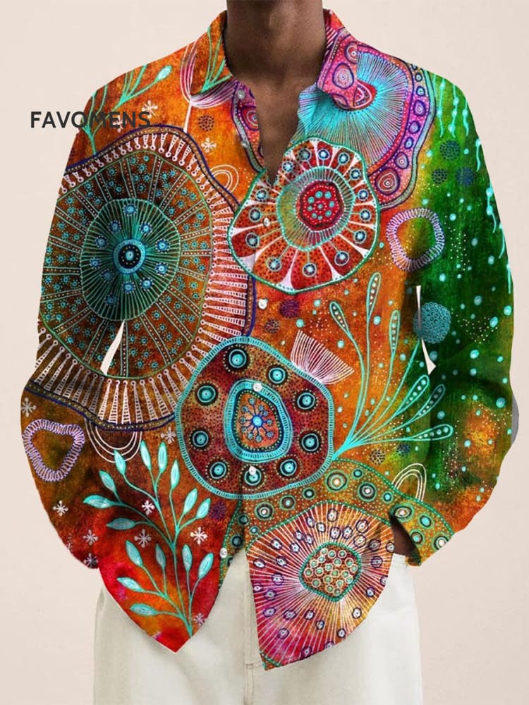 Abstract Gradient Floral Plants Vintage Stripe Print 100% Cotton Long Sleeve Shirt Multicolor / S