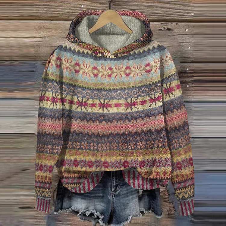 VChics Ethnic Print Vintage Hooded Sweater