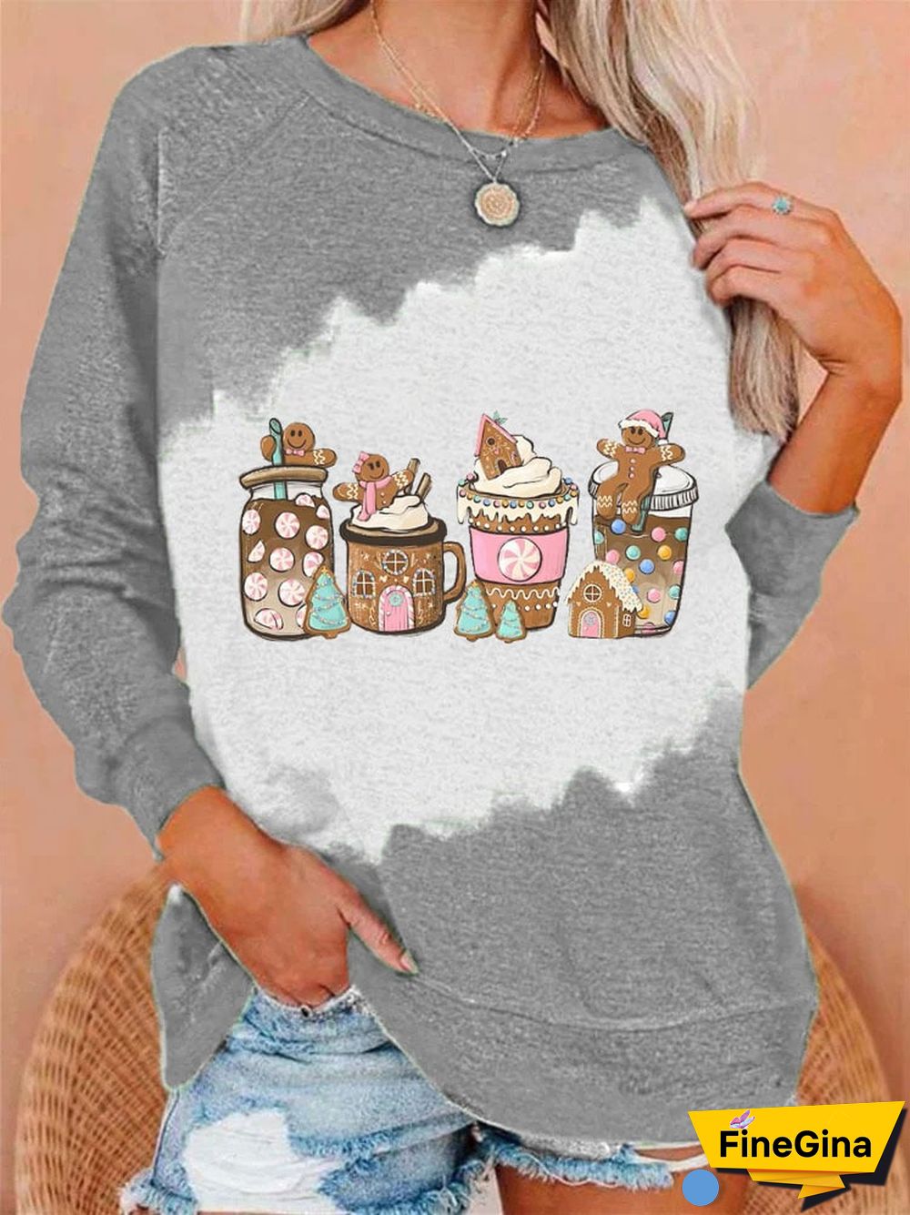 Women's Gingerbread Christmas Coffee Printed Round Neck Long Sleeve Sweatshirt