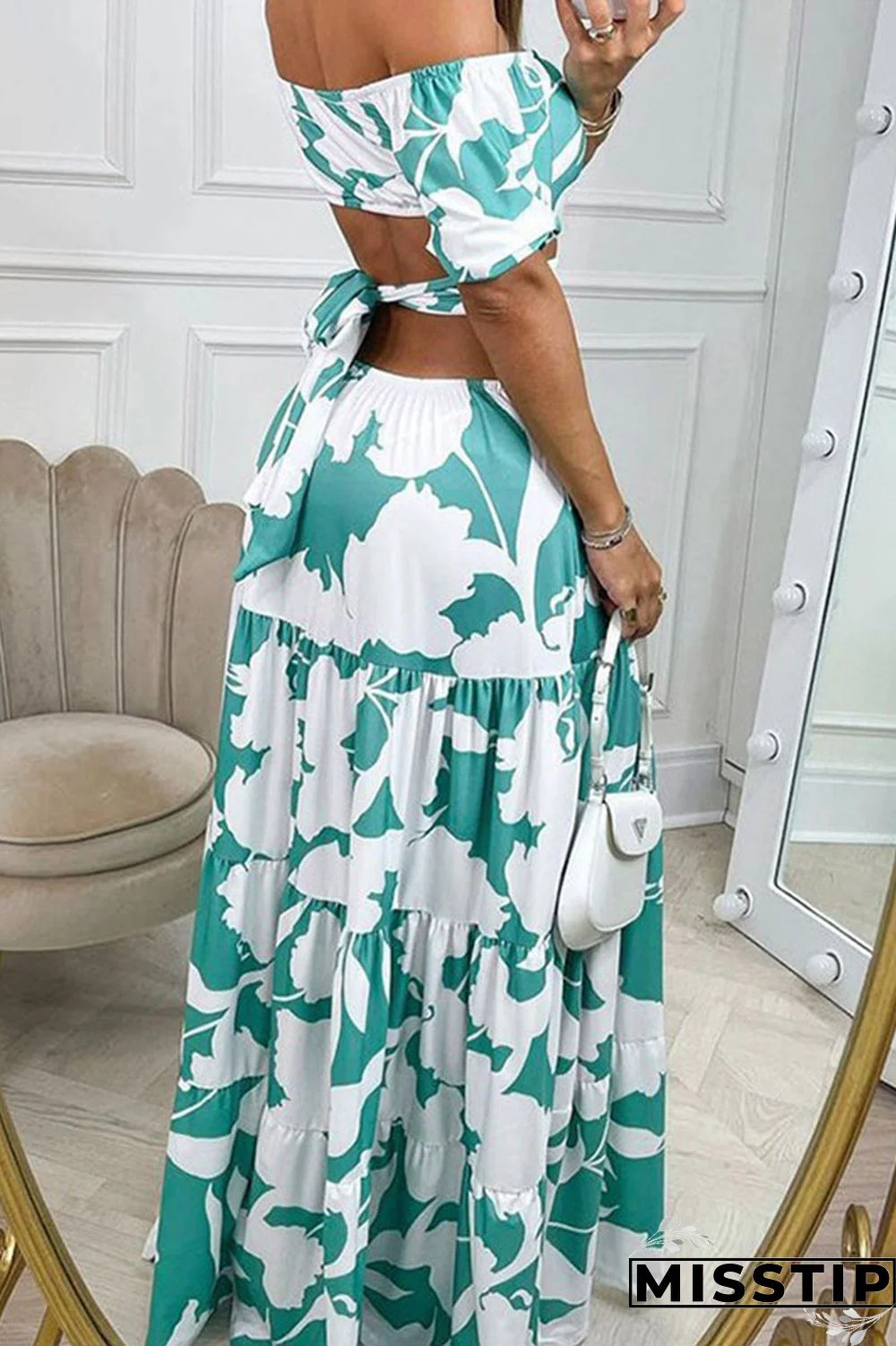 Green Daily Elegant Print Hollowed Out O Neck Printed Dress Dresses