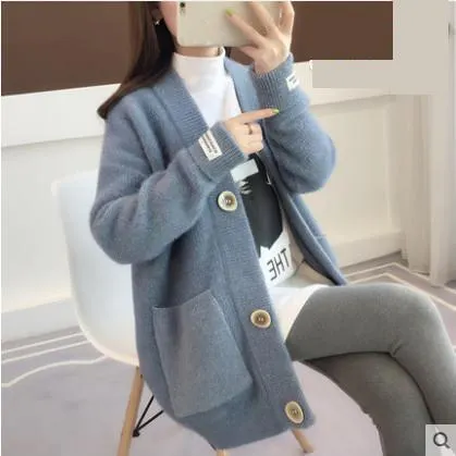 Ailegogo Spring Autumn Big Button Single Breasted Lazy Loose Pocket Solid Knitted Warm Soft Women Lady Cardigan Sweater