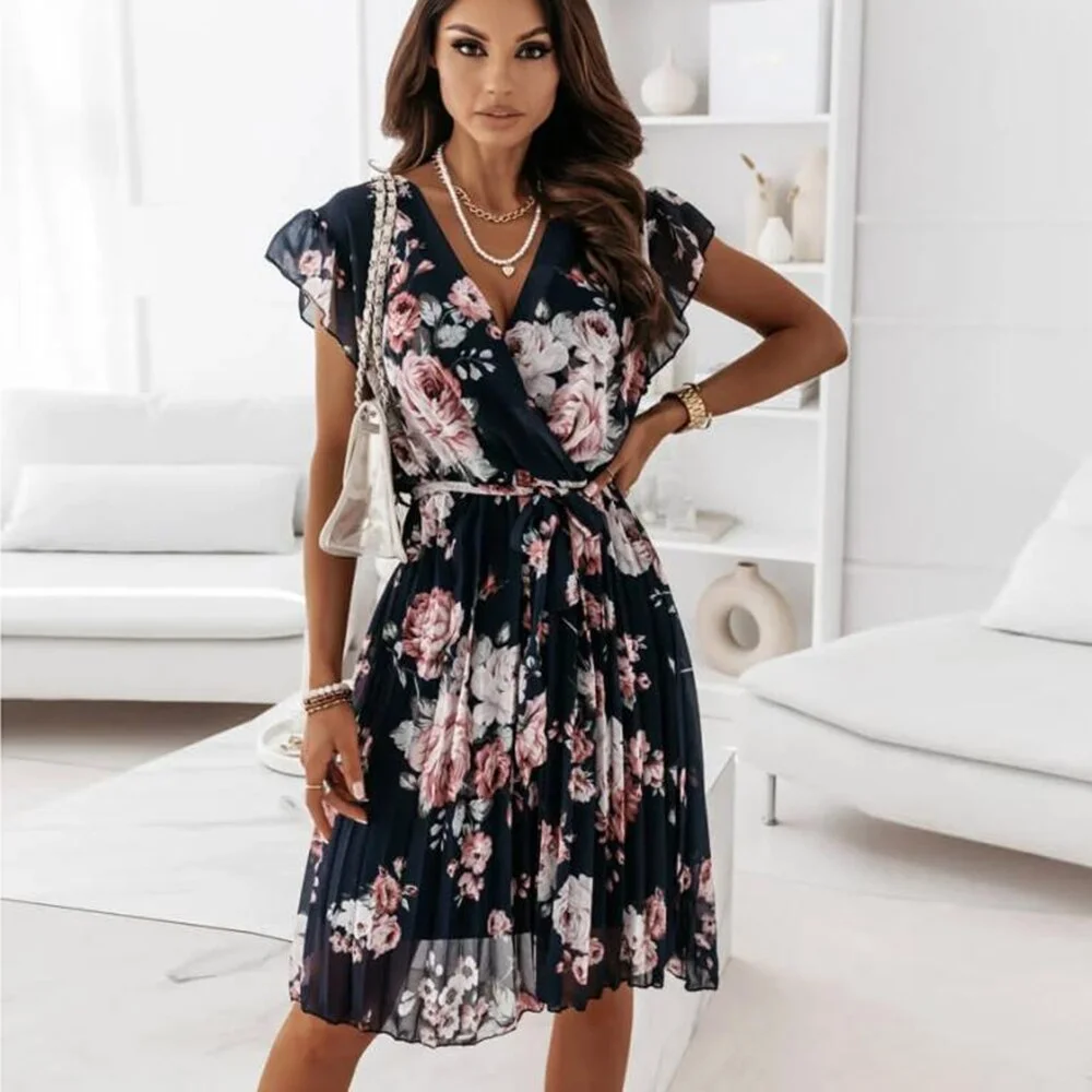 Chiffon Pleated Dress Women Floral Print Mini Vestidos Mujer Ruffle Sleeveless V Neck Sexy Party Dress Elegant Office Lady Dress