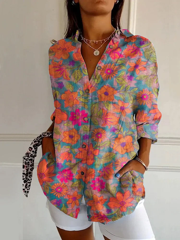 Vintage Bohemian Flowers Print Casual Long-sleeved Shirt