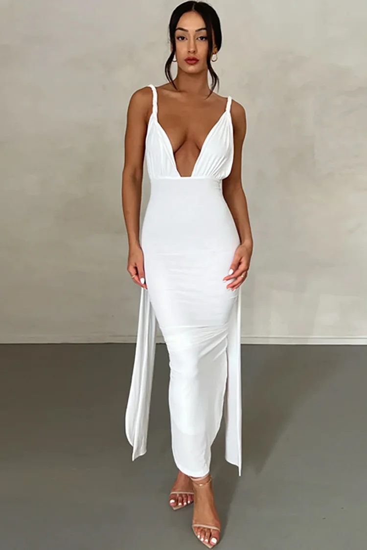 Cami Halter Sash Irregular Neck Backless Ruched High Slit Bodycon White Evening Gown Maxi Dresses