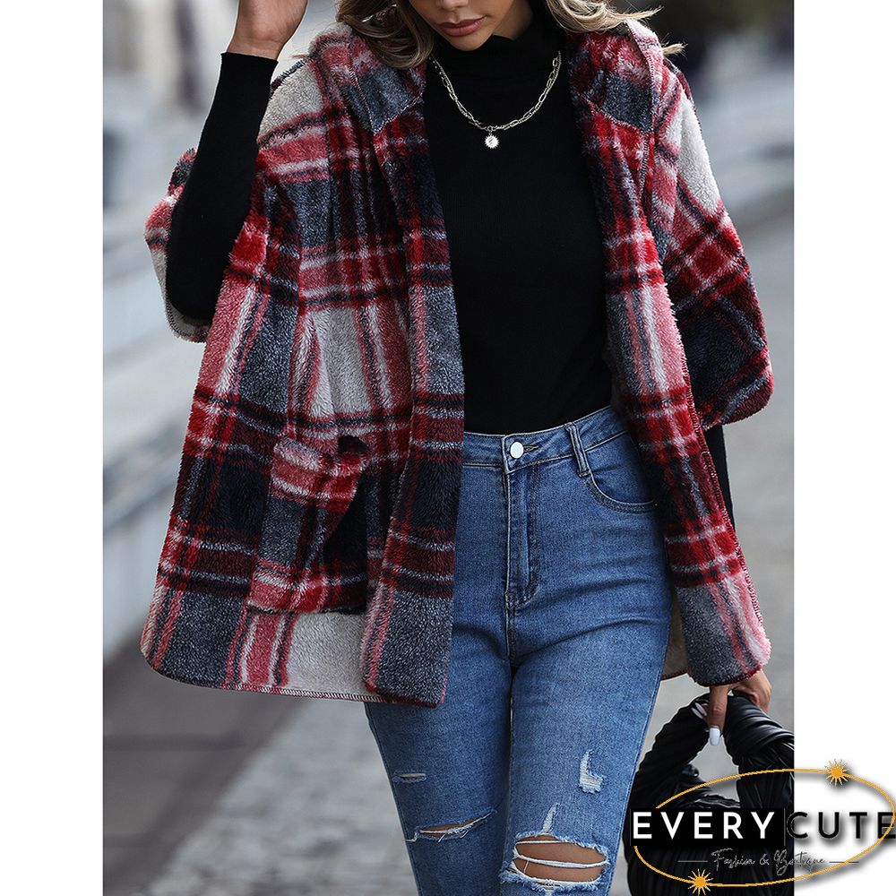 Red Plaid Print Plush Hooded 1/2 Sleeve Pocket Coat