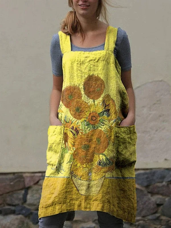 Women's Van Gogh Sunflower Oil Painting Printed Dress
