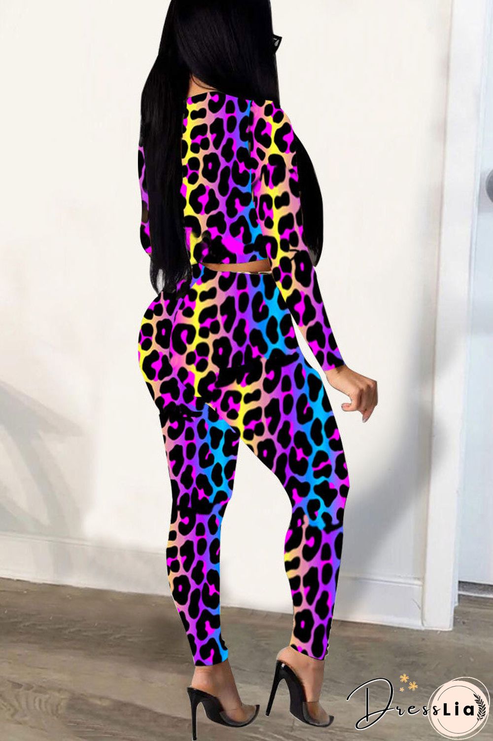 Fashion Casual Long Sleeve O Neck Regular Sleeve Short Leopard Print Two Pieces