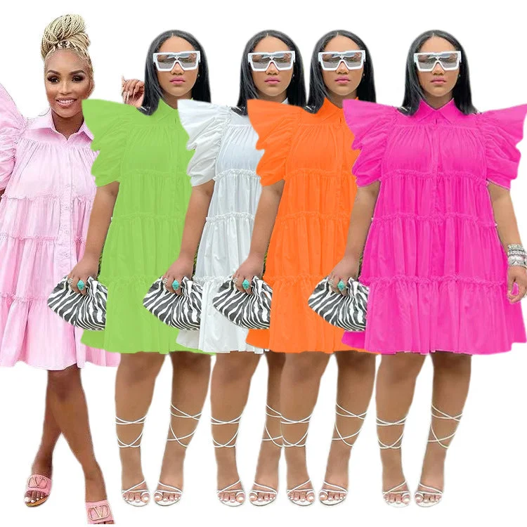 Uveng Dress High Waist Retro Pleated Puff Sleeve Loose Women's Shirt