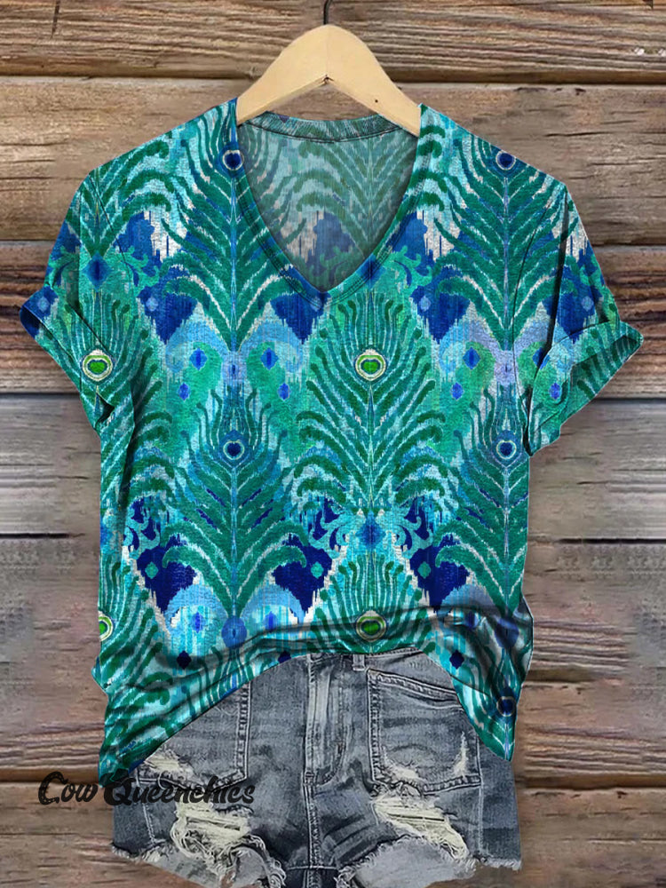 Vintage Feather Print Casual V-Neck T-Shirt Blue / S