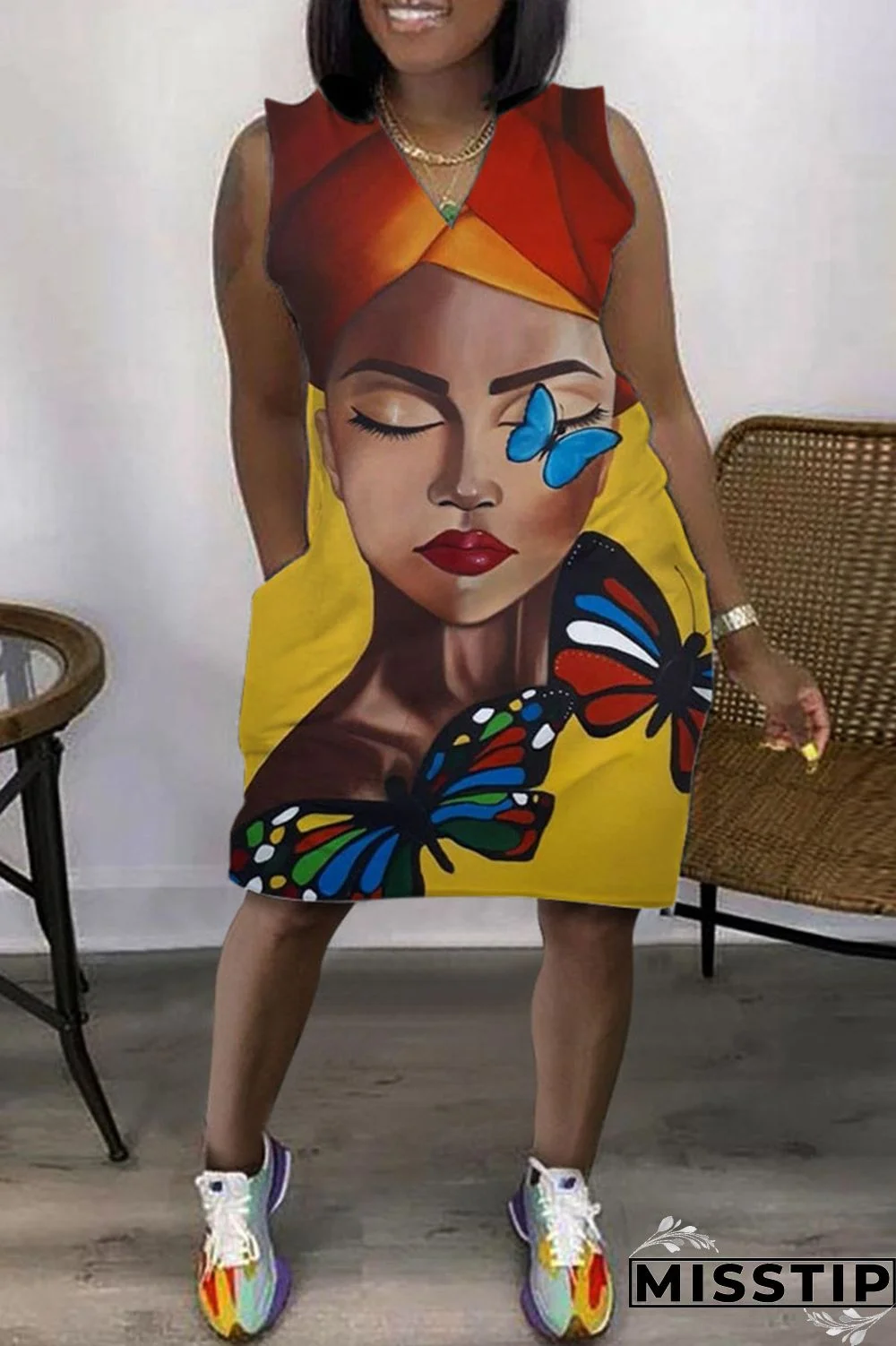 Cyan Casual Print Basic V Neck Sleeveless Dress Dresses