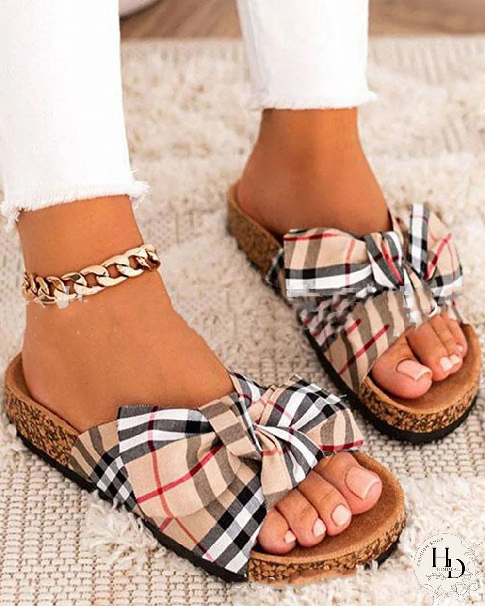 Round-toe Plaid Splicing Bow Platform Flat Slippers