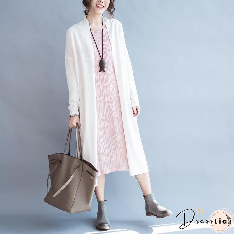 White woolen knit cardigan long knitted coat outwear