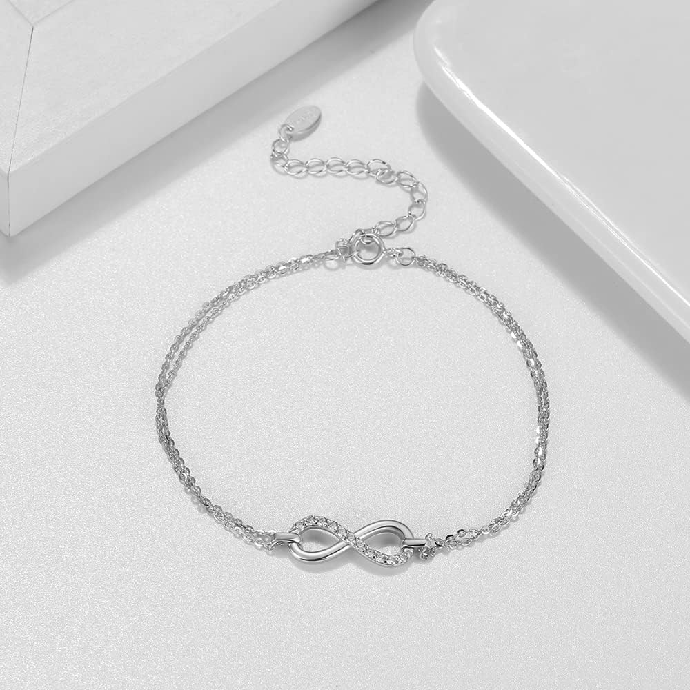 MIKAMU 925 Sterling Silver Infinity Love Bracelets for Women 5A Cubic Zirconia Sparkling Adjustable Layered Bracelet Jewelry Gift Birthday Mother& Day Gift for Mom Women Wife Girls Her