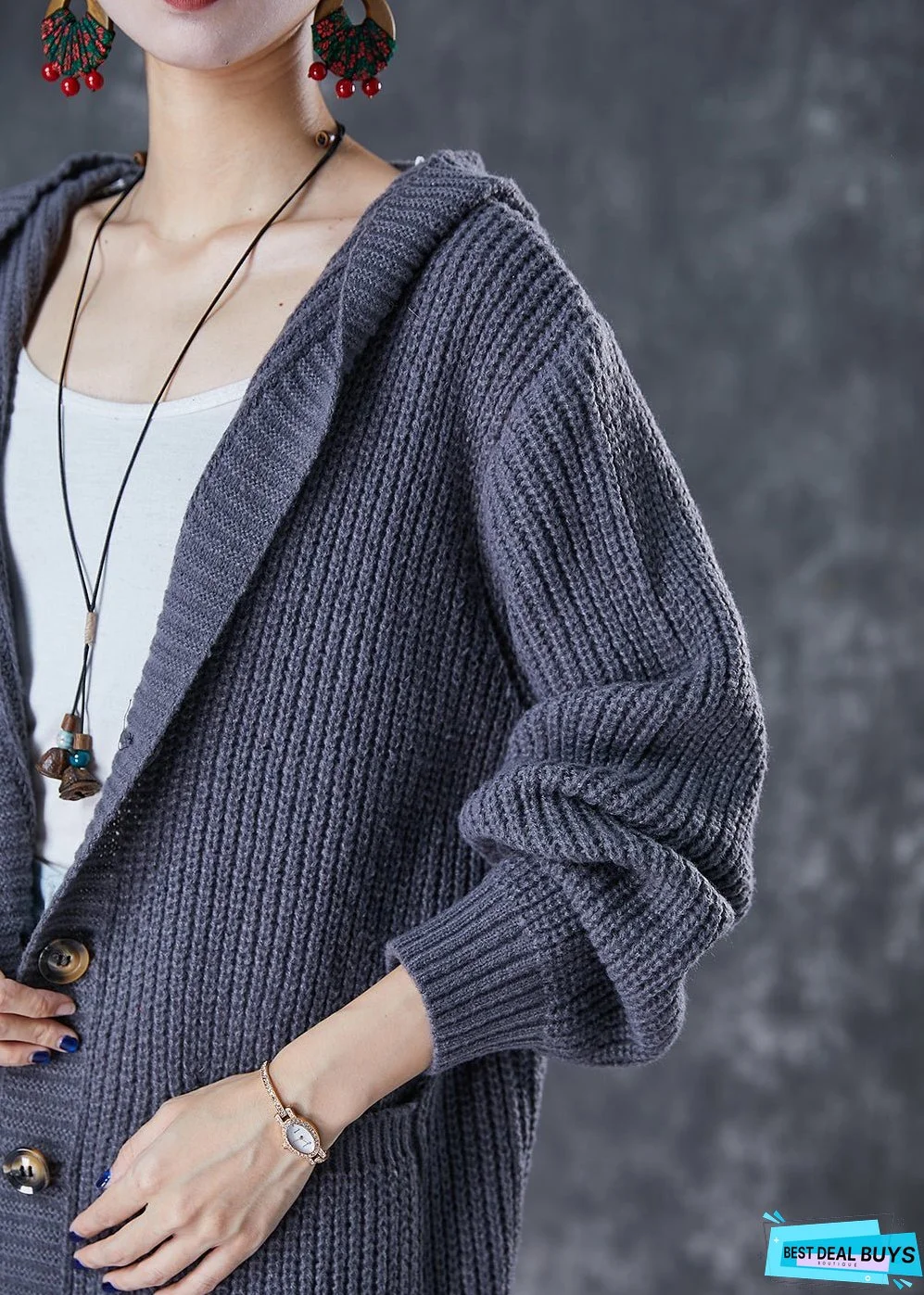 Women Grey Hooded Oversized Knit Cardigan Fall