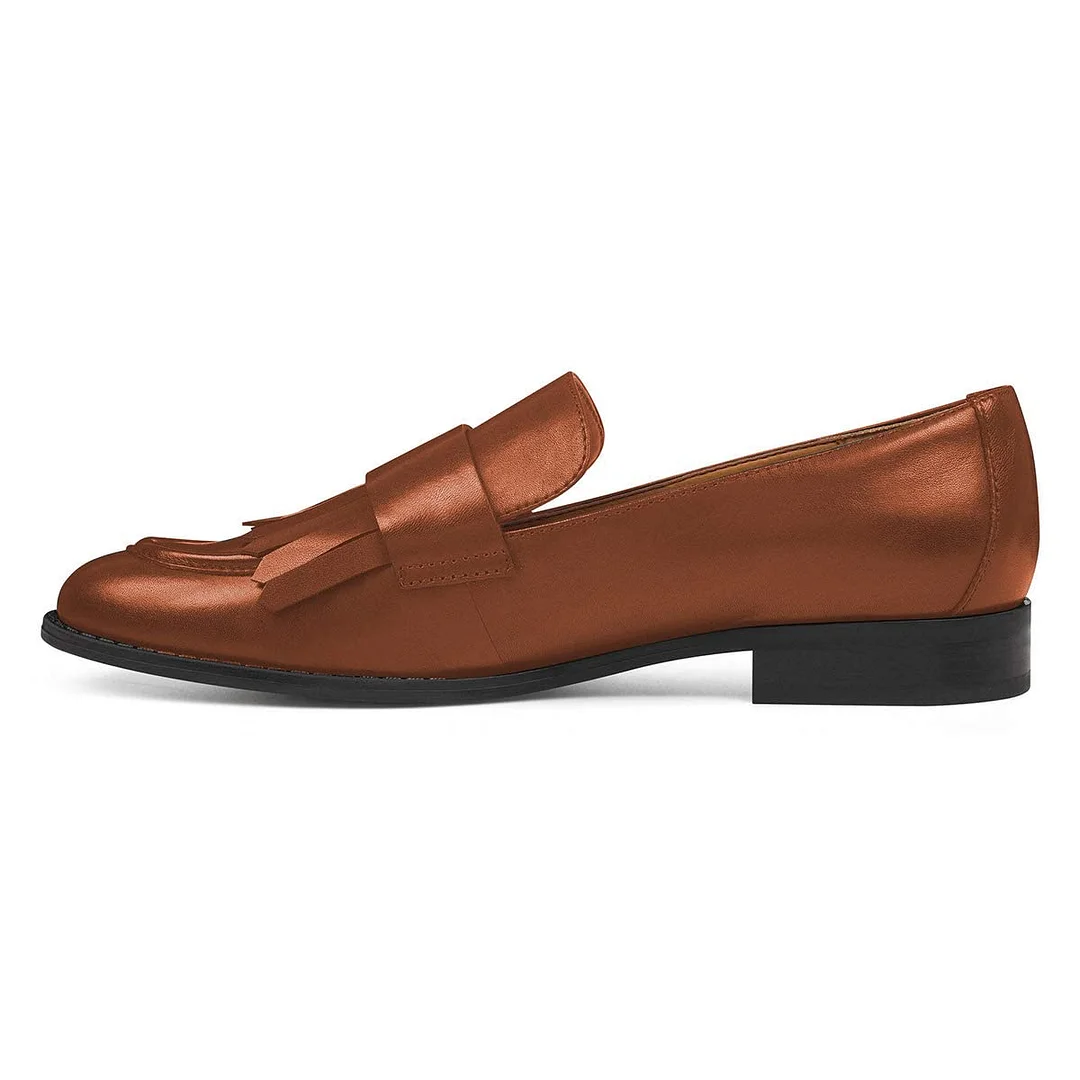 Brown Round Toe Fringe Decor Flats Formal Women's Loafers