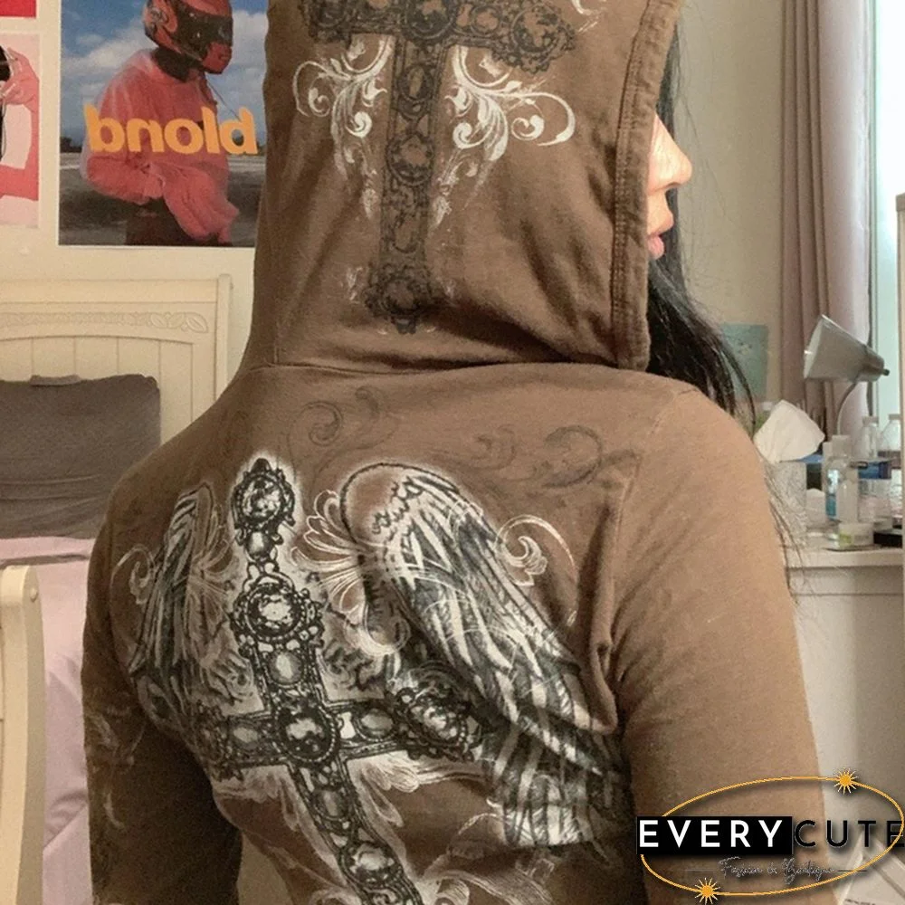 Fairy Grunge Hoodie Brown Graphic Cross Print Long Sleeve Hooded Tops Y2k Aesthetic Women Sweatshirt Streetwear