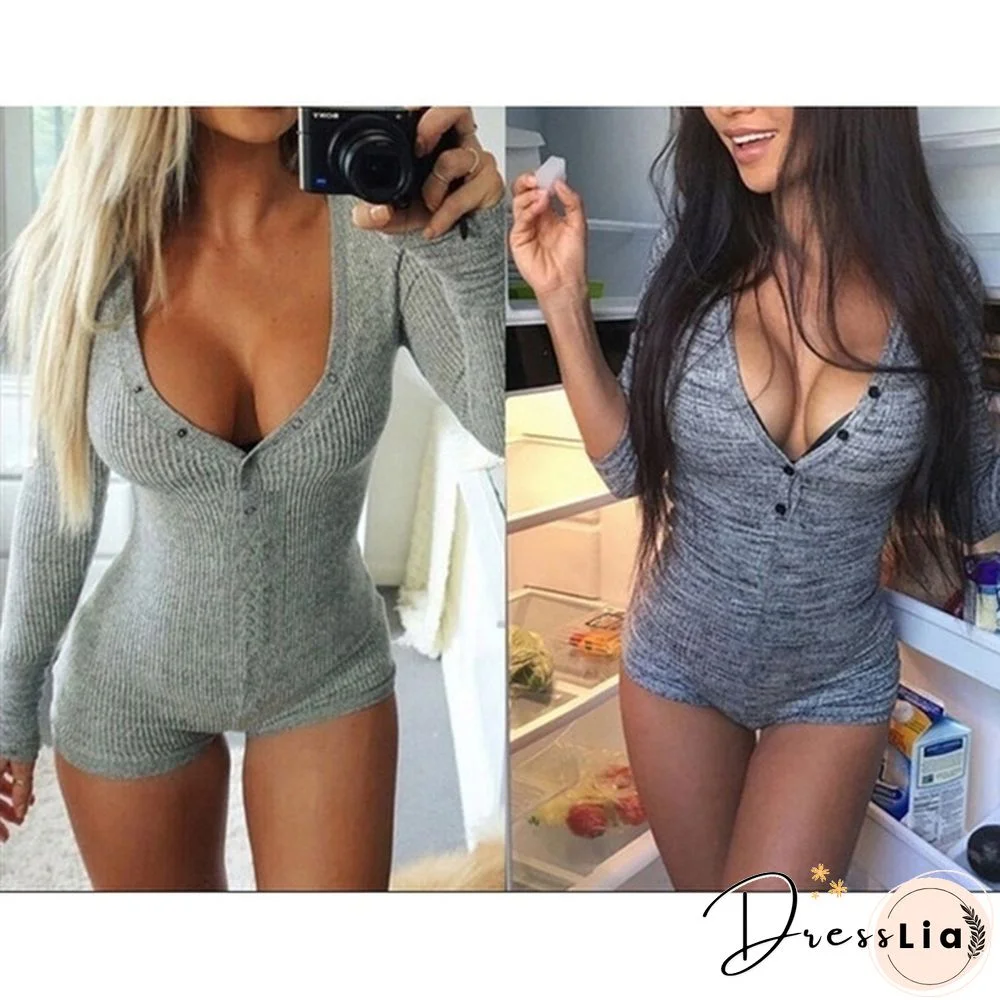 Ladies Fashion Grey V-Neck Jumpsuit High Stretch Jumpsuit Long Sleeve Shirts