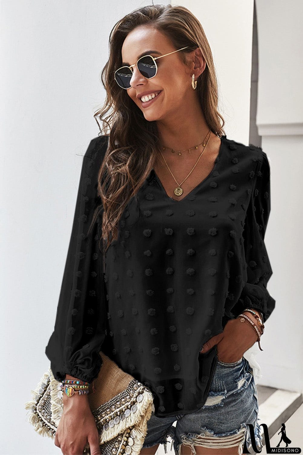 MidiSono - Swiss Dot Bubble Sleeve Blouse