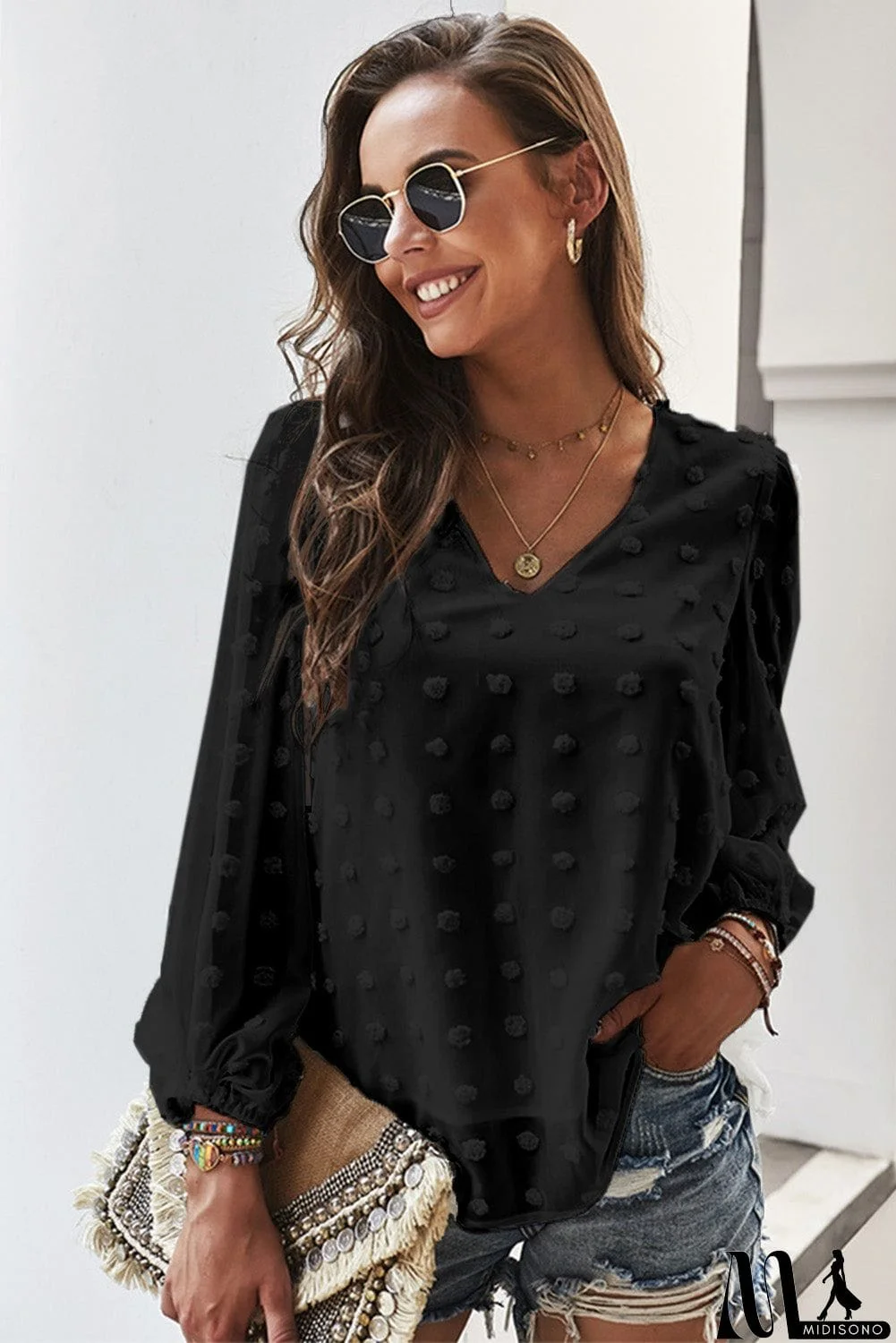 MidiSono - Swiss Dot Bubble Sleeve Blouse