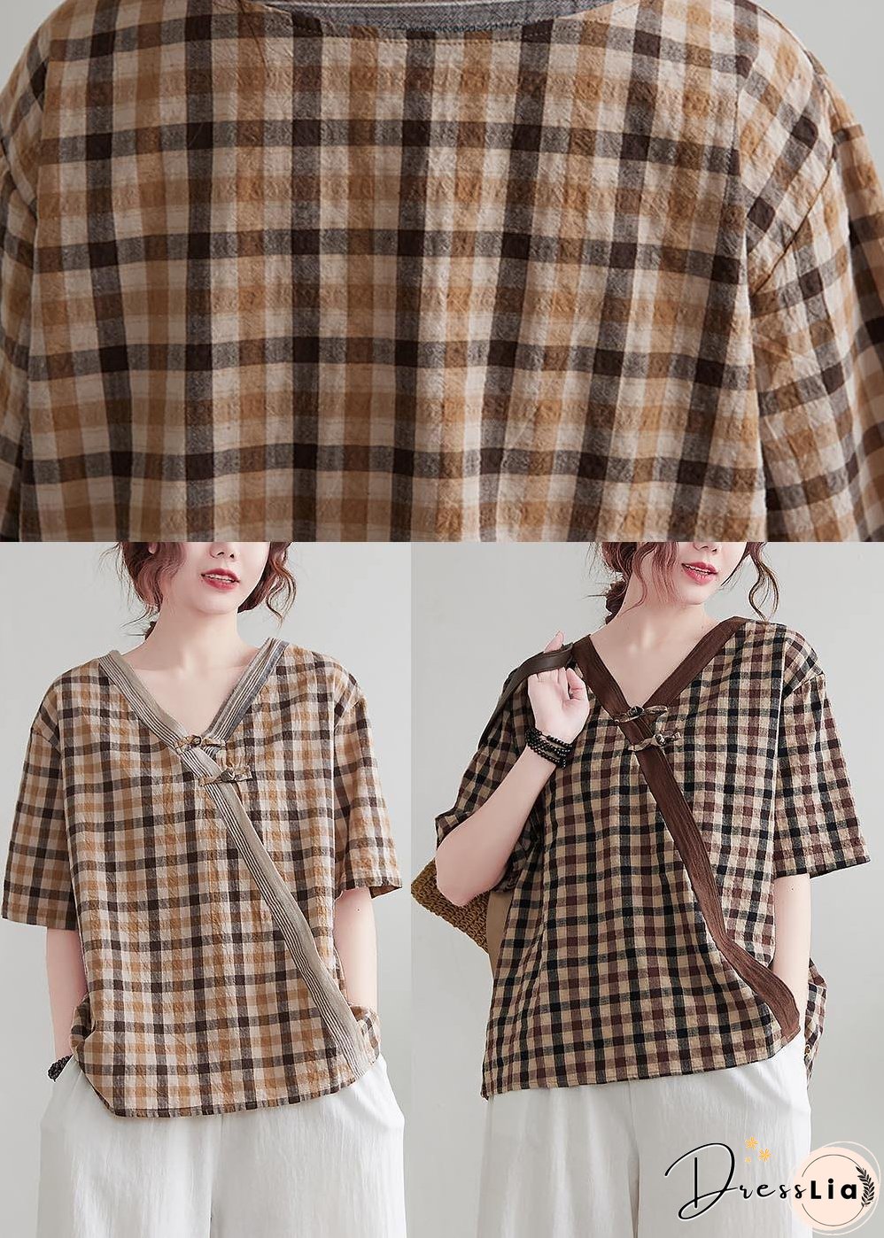 Natural Orange Plaid Oriental Cotton Linen Summer Shirt Tops