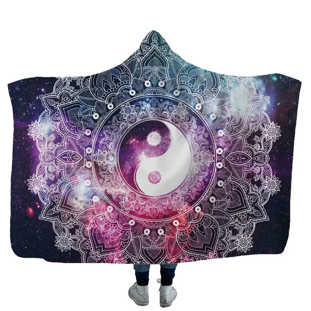Mandala Hooded Blanket For Adults Childs 3D Printed Sherpa Fleece Blanket Microfiber Wearable Throw Blanket For Home Travel Sofa