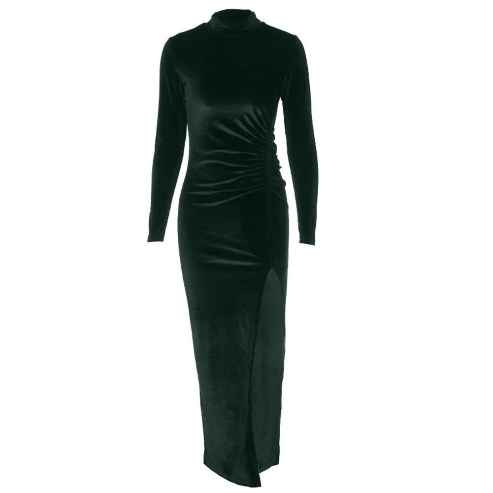 Dress Long Sleeve Turtleneck Side Split Velvet Dresses Ladies Party Fashion Bodycon Dress Evening Party Drew ss robe vestido