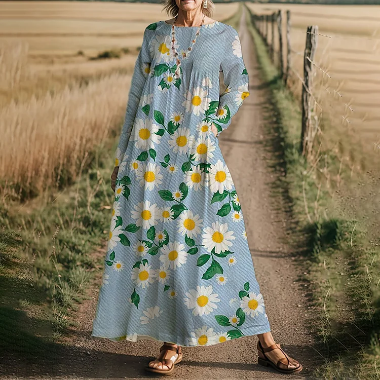 VChics Women's Daisy Print Loose Cotton Linen Maxi Dress