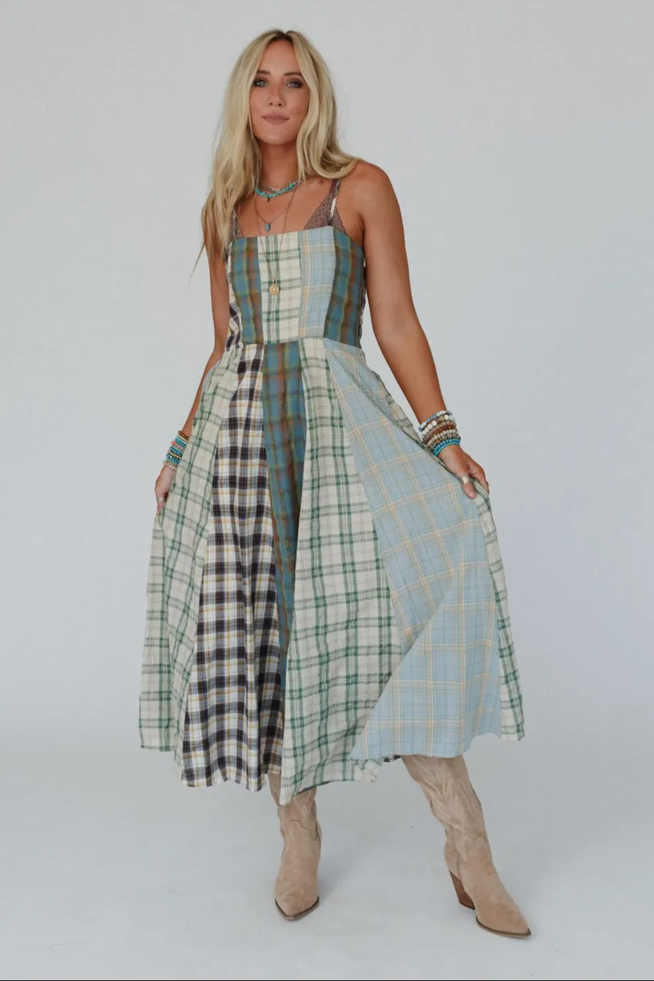 Western Charm Checkered Dress - Mint