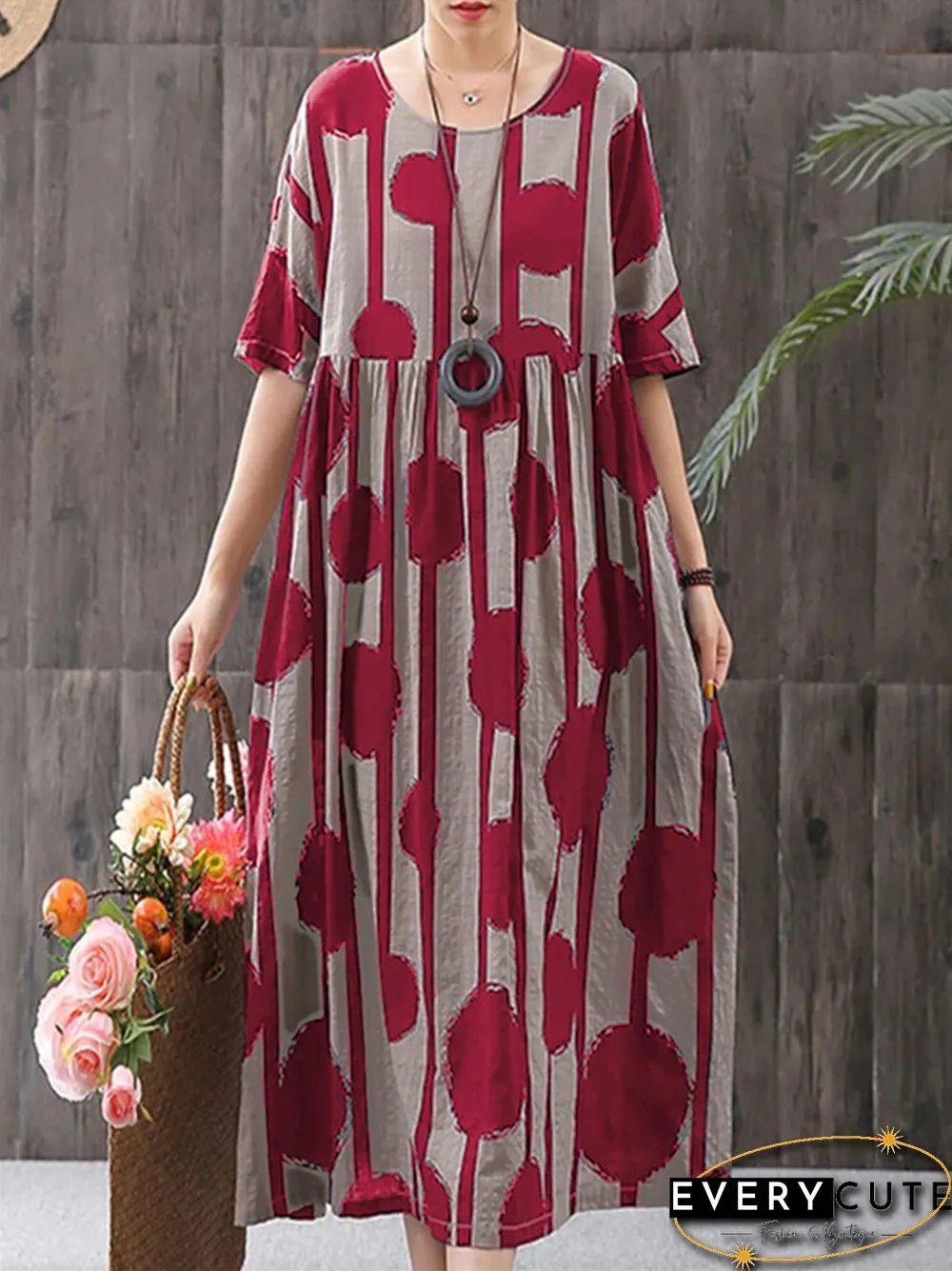 Dot Print Round Neck Pullover Short Sleeve Large Loose Casual Medium Length Dress