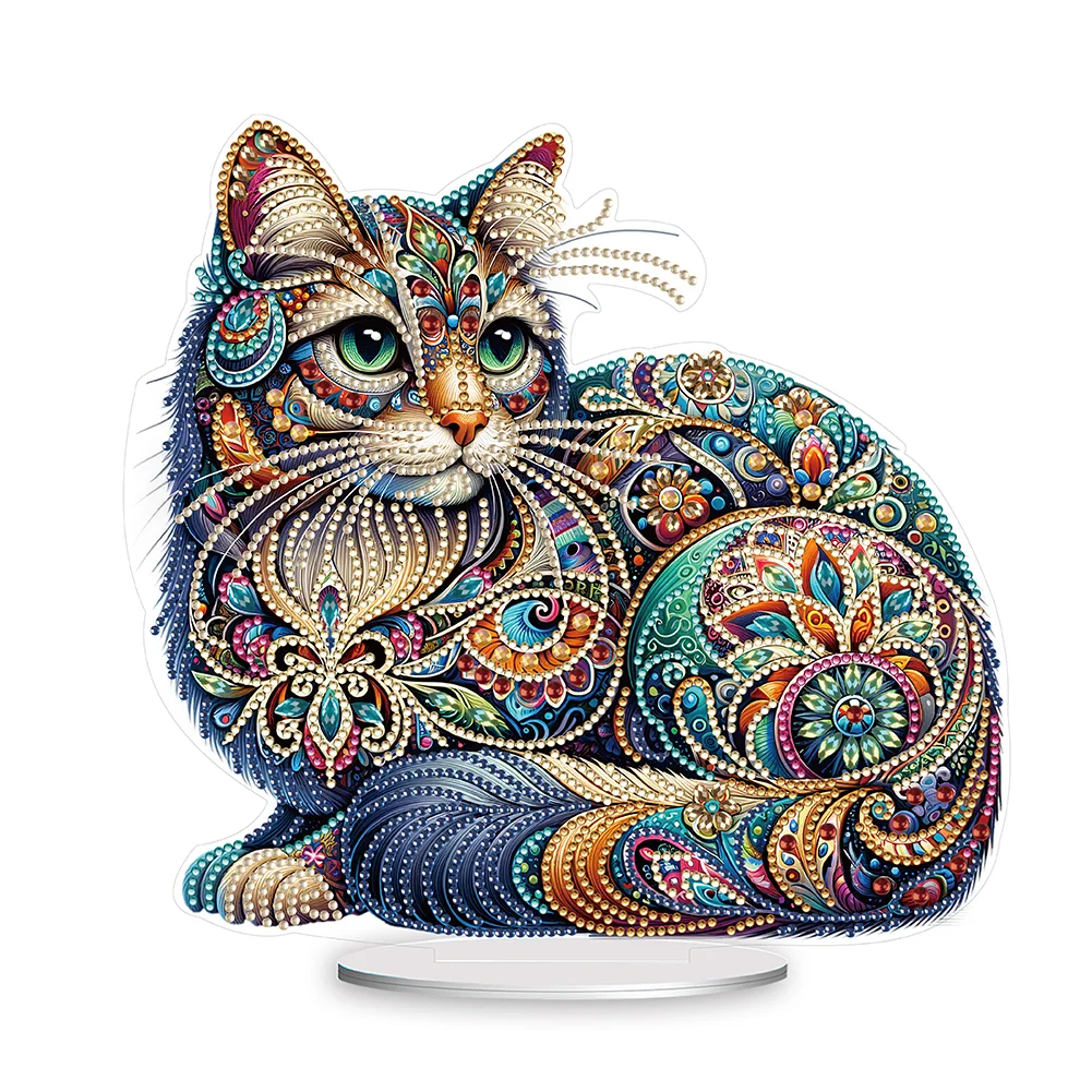DIY Gorgeous Cat Acrylic Single Sided Diamond Painting Desktop Ornaments Kit for Office Desktop Decor