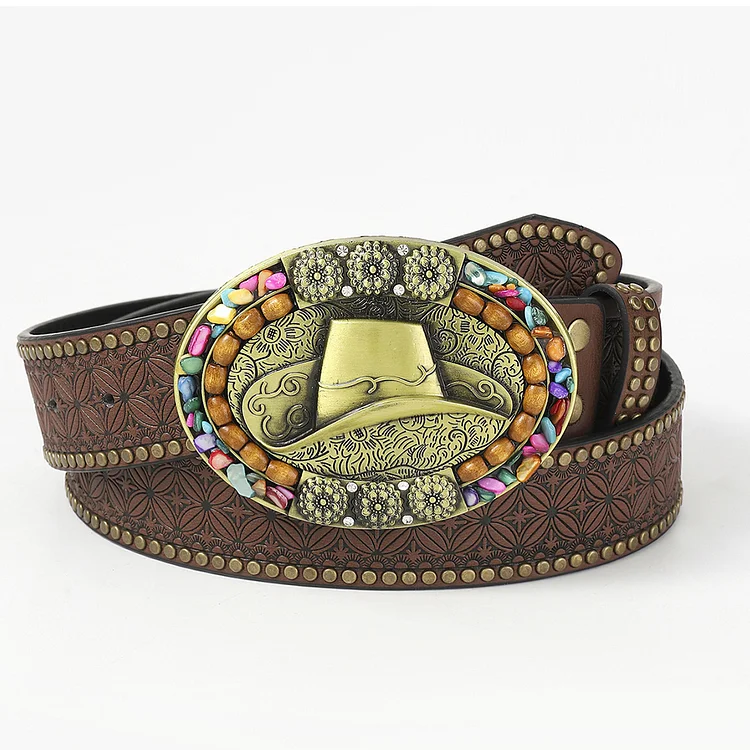 Western PU Leather Beaded Embossed Studded Wide Belt
