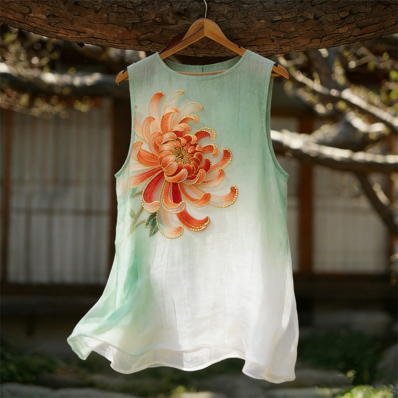 Japanese Chrysanthemum Gradient Flowy Linen Tank Top wearshes