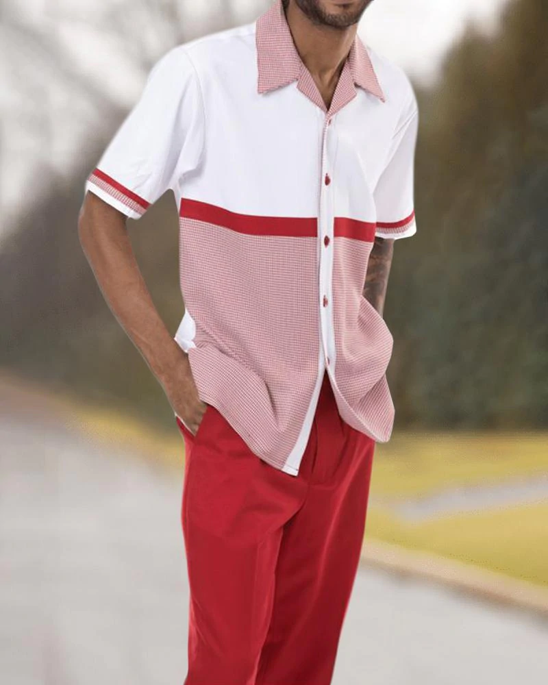 Short Sleeve Print Walking Two Piece Suit Set With Long Pants