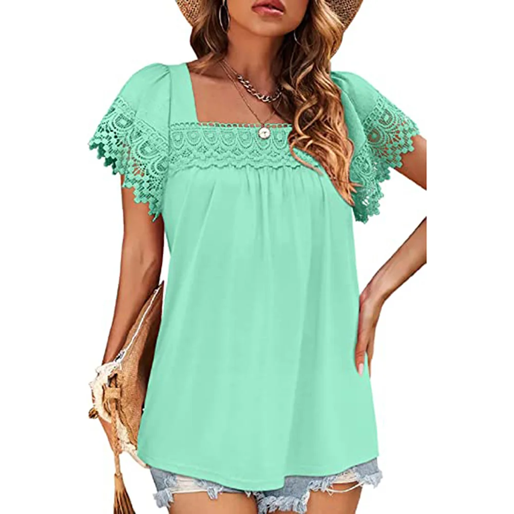 Grass Green Square Neck Splicing Lace Short Sleeve Tops