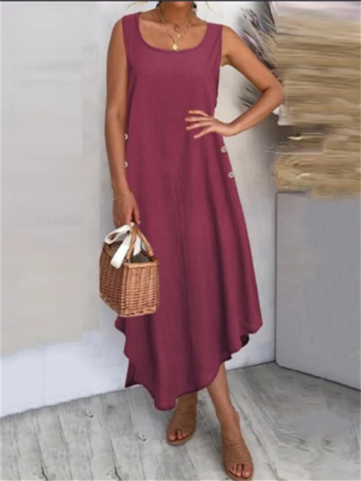 Summer Tank Dress Cotton Linen Solid Color Button Irregular Hem Long Skirt-JRSEE