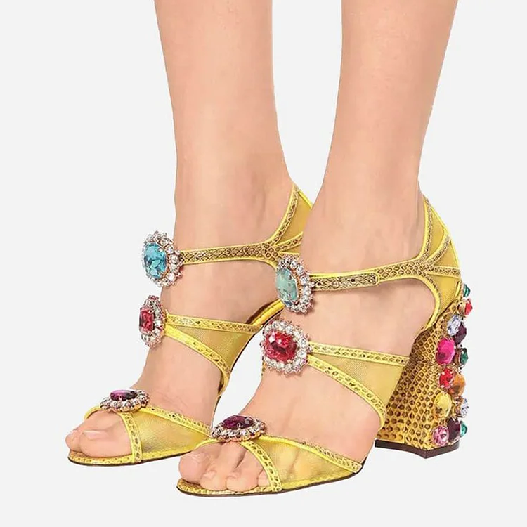 Multicolor Rhinestones Sandal Women's Classic Chunky Heels Peep Toe Evening Shoes |FSJ Shoes