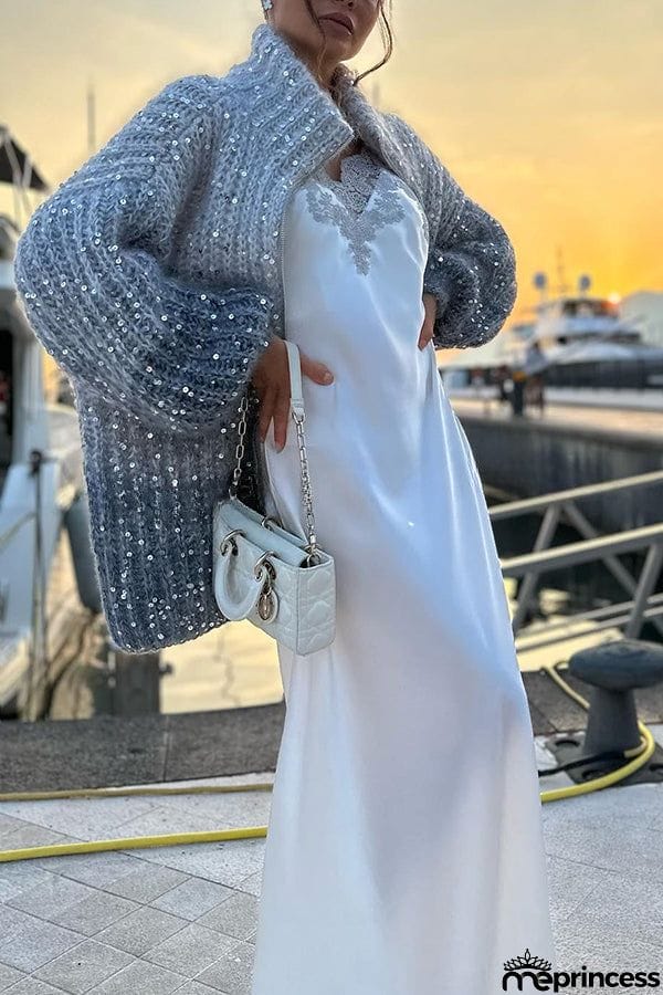 Warm Shining Heart Knit Sequin Balloon Sleeve Zipper Neck Loose Cardigan