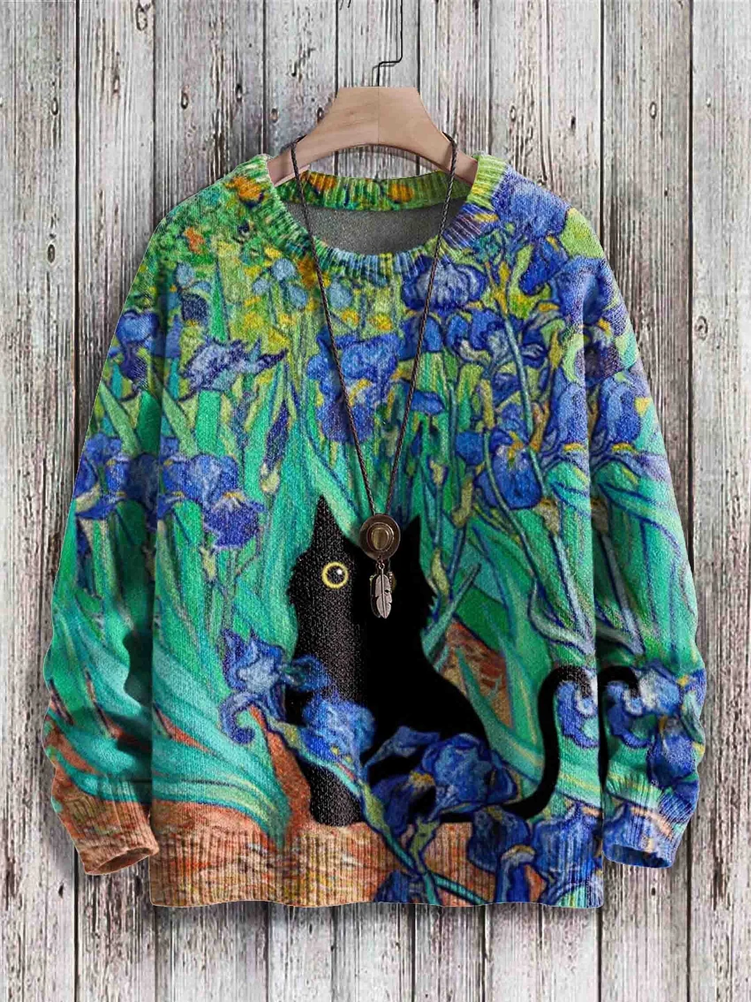 Halloween Vincent Van Gogh's Iris Cat Print Vintage Art Print Pullover Sweater