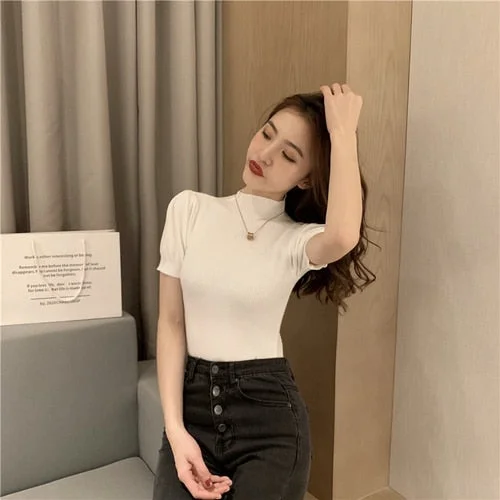Summer 2021 Solid O Neck Short Puff Sleeve Female Tops Knitted Shirts Blouse Women Loose Casual Cotton Ladies Tees Blusas 10375