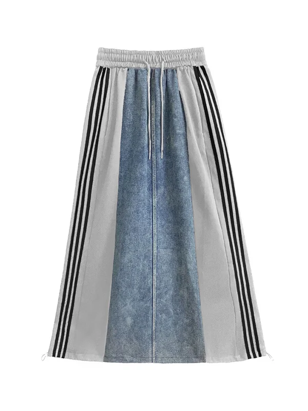 Striped Split-Joint Drawstring Contrast Color Loose A-Line Skirts Bottoms