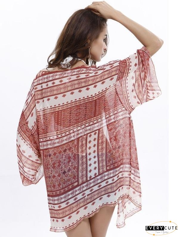 Popular 3/4 Sleeve Printed Shirt Shawl Cover-up Tops