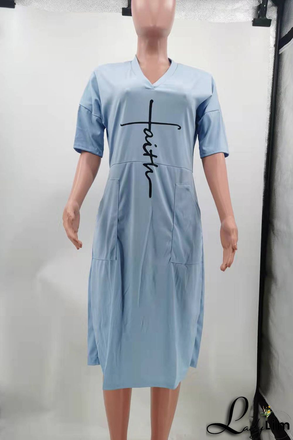 Red Fashion Casual Print Basic V Neck Short Sleeve Dress