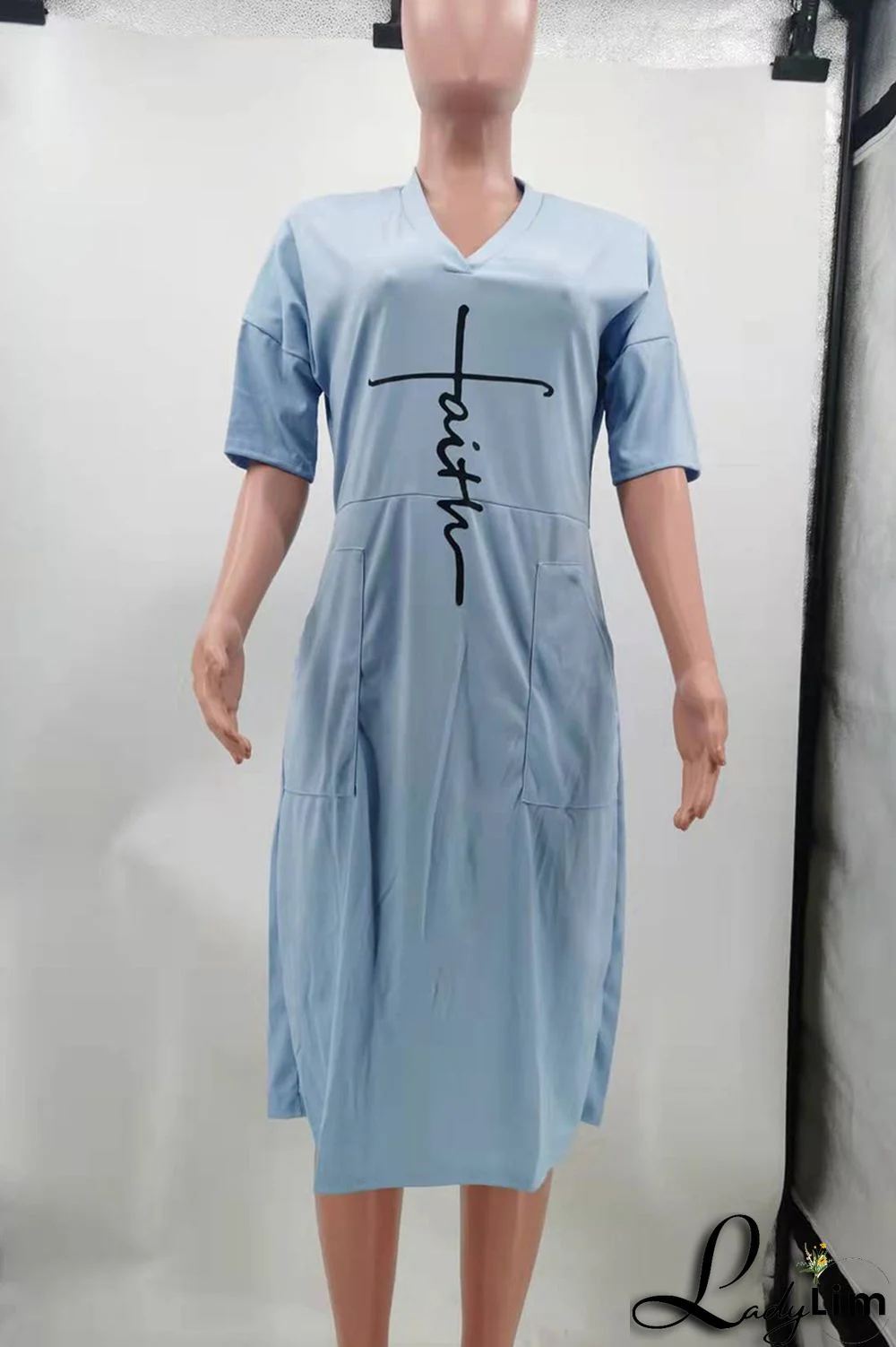 Red Fashion Casual Print Basic V Neck Short Sleeve Dress